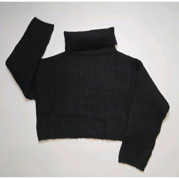 Thakoon Cropped Ribbed Turtleneck Sweater Black Womens Large Thick KN17 NWT New - Picture 1 of 10